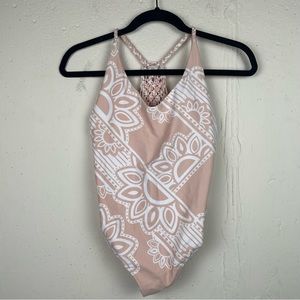 Aerie Pink & White Floral One Piece Swimsuit Lattice Back Small